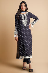 Black Dola Silk Bandhej Print Straight Cut Suit with Thread Embroidery and Bead Work